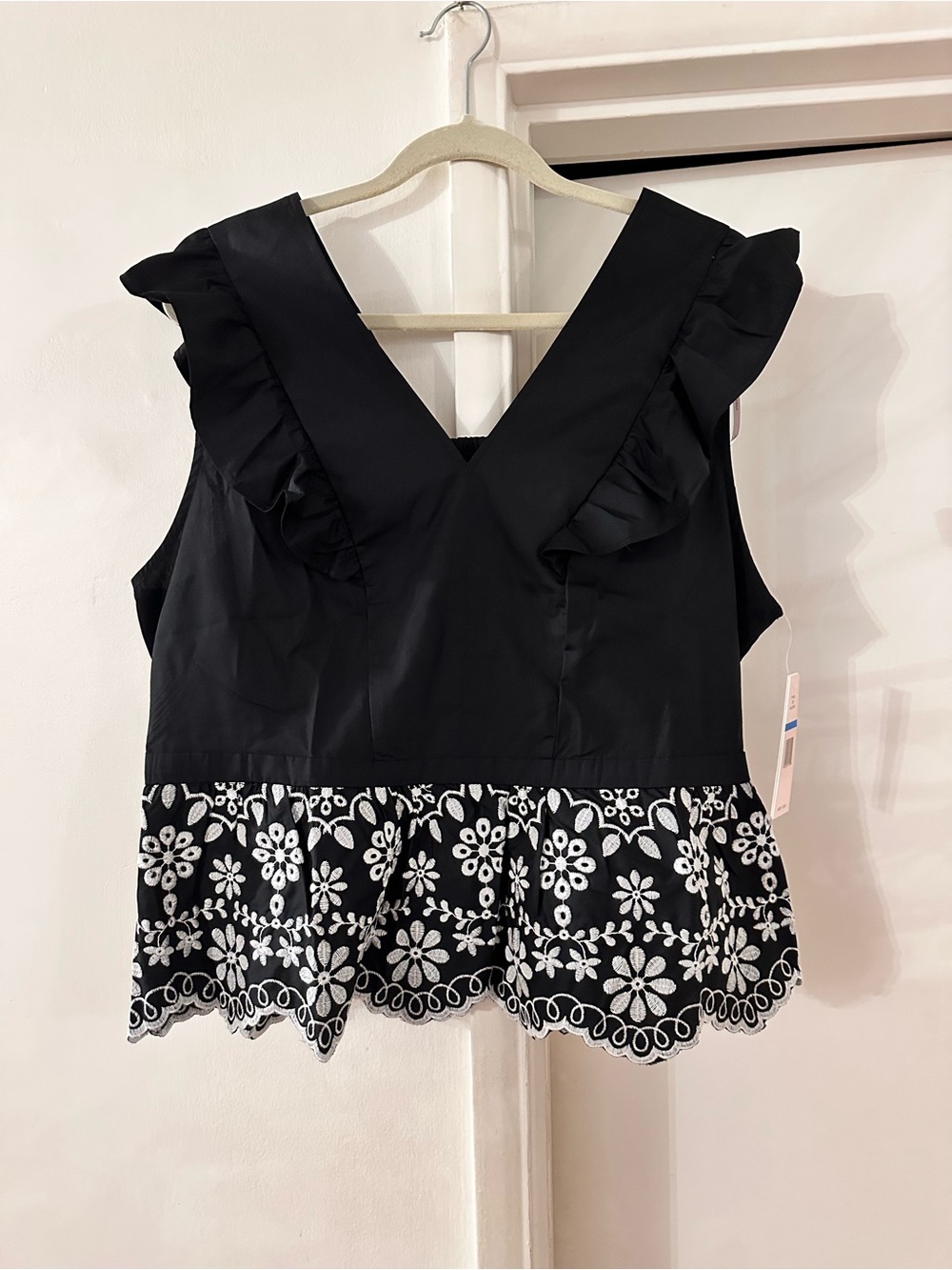 Nanette Lepore Black V-Neck Ruffle Camisole with White Floral Hem